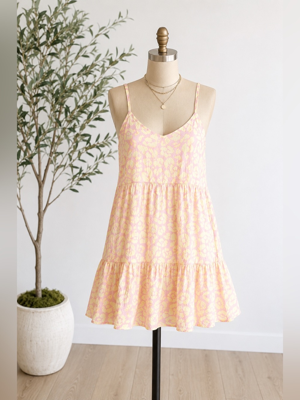 SHOW ME YOUR MUMU Caroline Mini tiered Dress Medium Lemonade Cheetah yellow pink